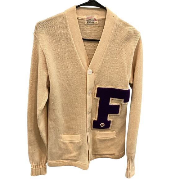 Vintage Coane Varsity Letterman Cardigan Sweater Sz 34 Cream Purple F Preppy 50s - Picture 1 of 8